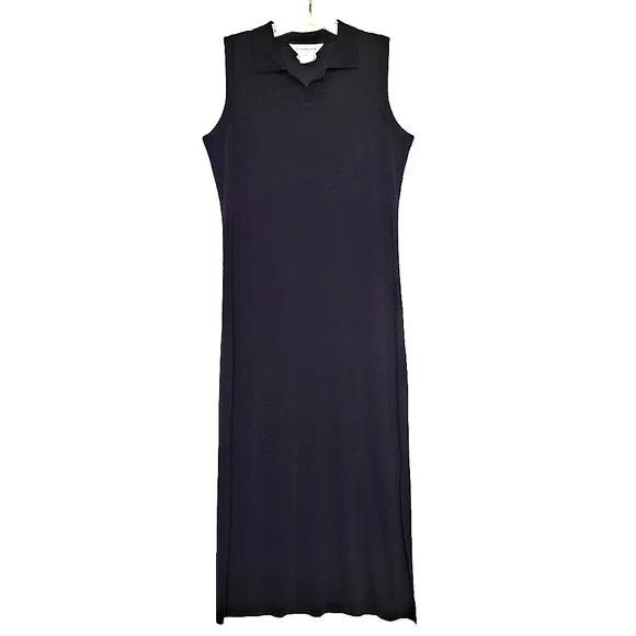 Misook Vintage Black Santana Knit Collared V-neck Maxi Dress Petite Small SP - Picture 3 of 10